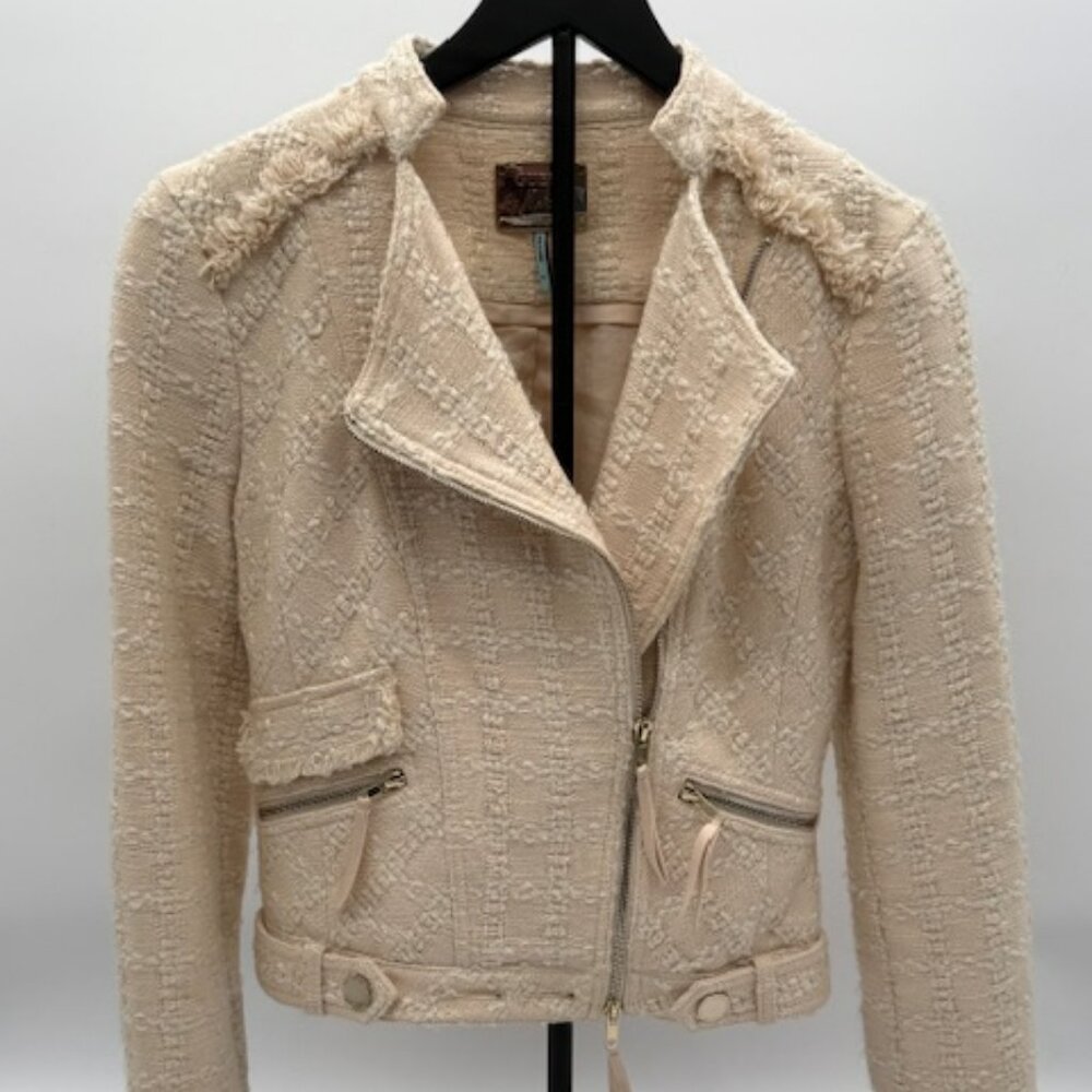 GUESS by Marciano Tweed Moto Jacket Fringe Asym Zip Cream Ivory Small